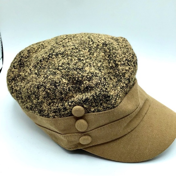 Women's Brown Baker Boy Hat Mixed Tweed & Fabric with 3 buttons on right side - Picture 7 of 9